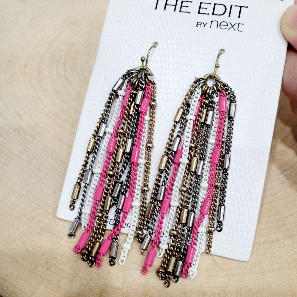 Brand New Gold Tone Pink Chain Dangle Earrings